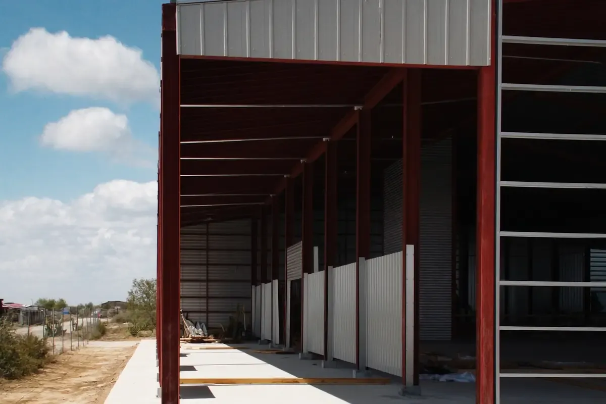 Commercial metal building under construction with its red primed frame exposed and wall panels partly installed near San Antonio, Texas