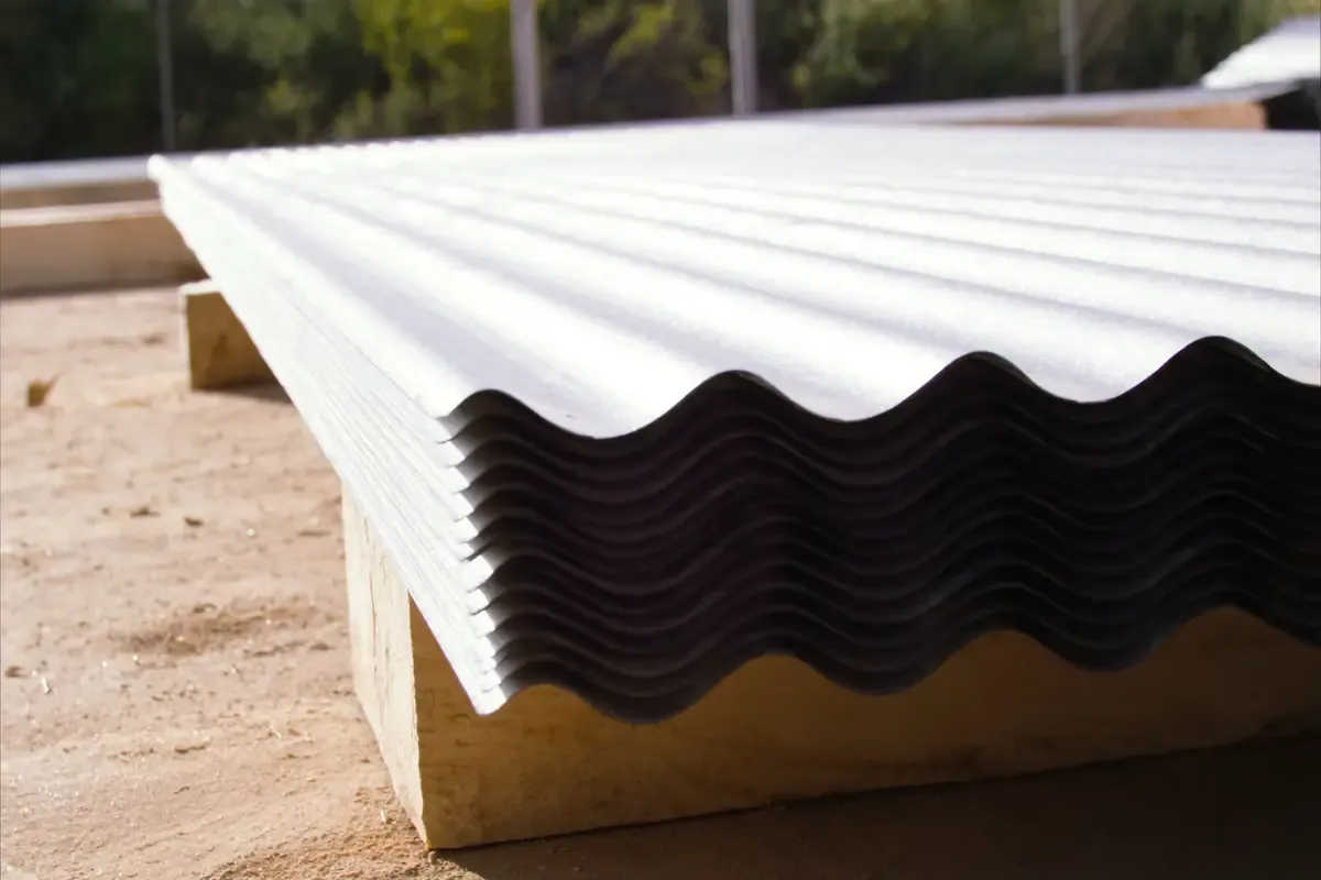 Stack of corrugated metal roof panels resting on timber dunnage at a building site in South Texas